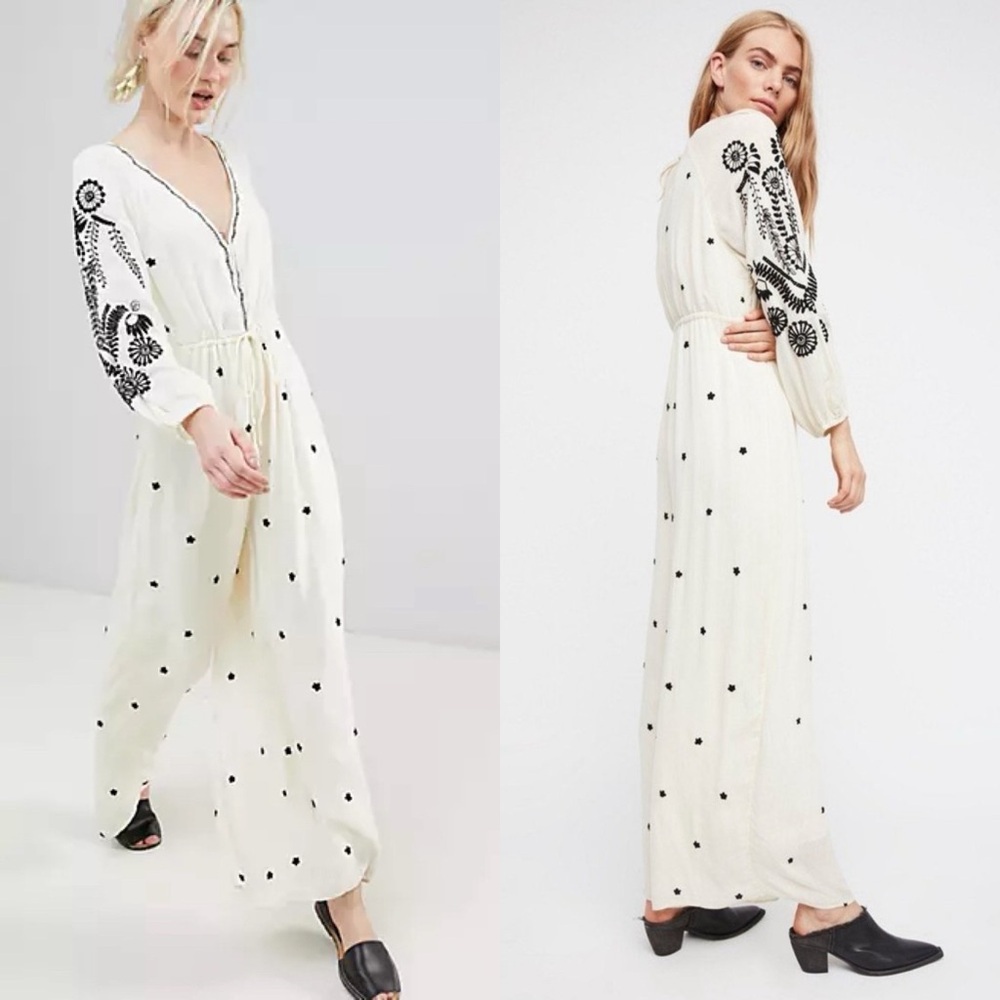Free People / Embroidered Wide Leg Jumpsuit Ivory Black Hippy Boho Flowy